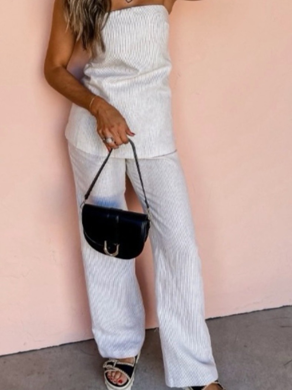 Strapless Linen-Blend Wide Leg pants and strapless top in Light Cream and beige
